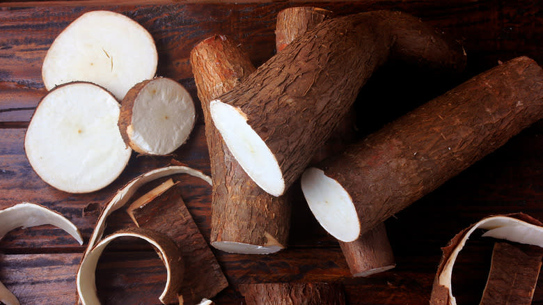 sliced cassava root on table