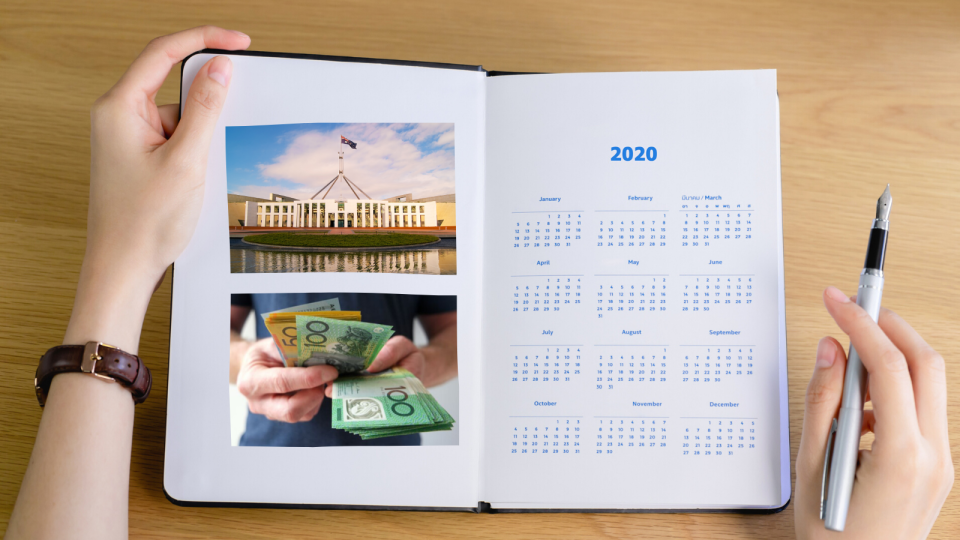 A 2020 diary with a picture of the Parliament House and money.