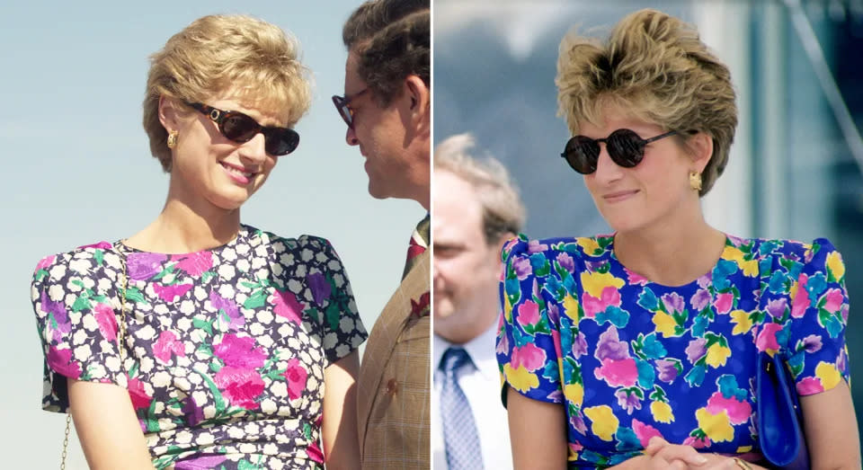 Elizabeth Debicki bei Dreharbeiten Anfang dieses Jahres und Diana auf der Weltausstellung in Sevilla 1992. (Netflix/Getty Images)