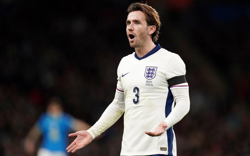England's Ben Chilwell reacts during the international friendly match at Wembley Stadium in London.  Date of photo: Saturday March 23, 2024.