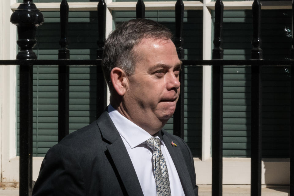 LONDON, UNITED KINGDOM - APRIL 26, 2022: Minister of State (Minister without Portfolio) in the Cabinet Office Nigel Adams leaves Downing Street after attending the weekly Cabinet meeting on April 26, 2022 in London, England. (Photo credit should read Wiktor Szymanowicz/Future Publishing via Getty Images)