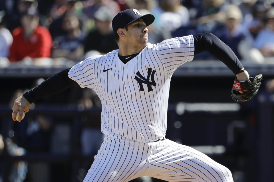 New York Yankees' Luis Cessa delivers a pitch during the fifth inning of a spring training baseball game against the Toronto Blue Jays Saturday, Feb. 22, 2020, in Tampa. (AP Photo/Frank Franklin II)