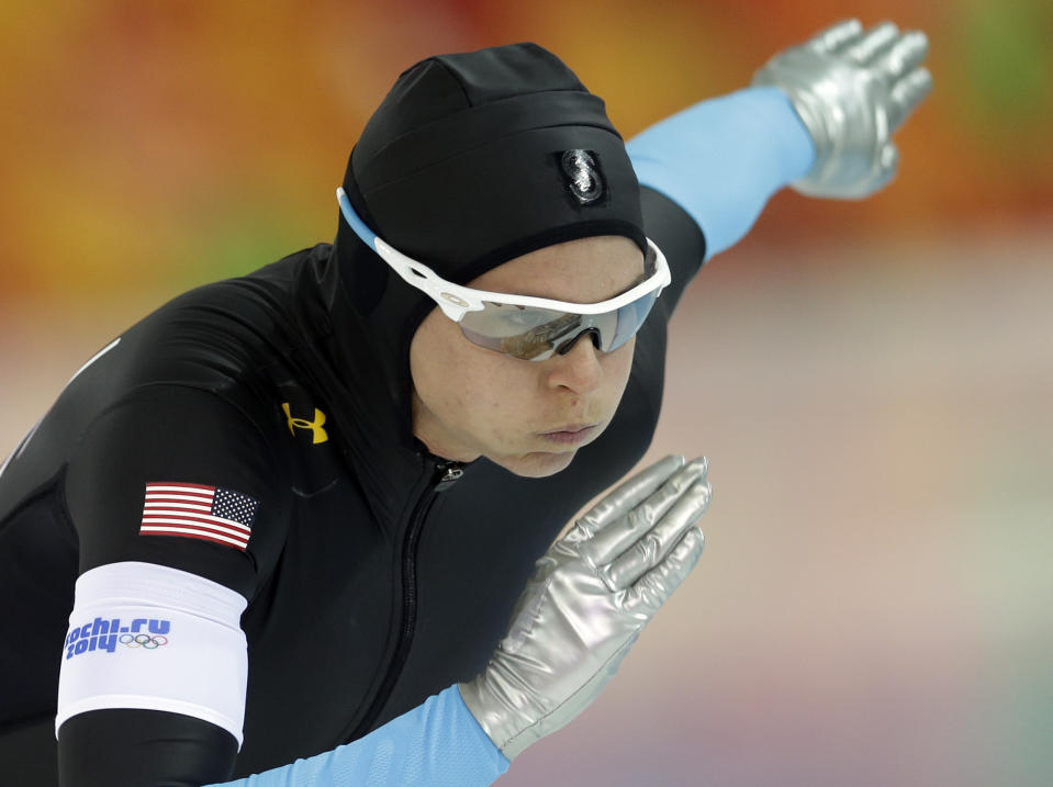 Brittany Bowe of the U.S. takes the start during the women's 1,500-meter speedskating race at the Adler Arena Skating Center during the 2014 Winter Olympics in Sochi, Russia, Sunday, Feb. 16, 2014. (AP Photo/Patrick Semansky)