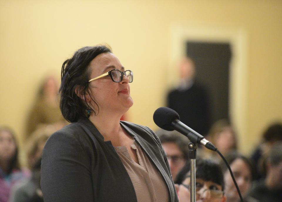 Brenda Siegel, who ran for the Democratic nomination for governor in 2018, talks about losing a nephew to opioid addiction during the Burlington Opioid Town Hall Meeting Tuesday, March 19, 2019, at Contois Auditorium in Burlington City Hall.