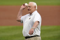 Pittsburgh Pirates Baseball Hall of Famer Bill Mazeroski tosses out a ceremonial first pitch before a baseball game between the Pirates and the New York Yankees in Pittsburgh, Tuesday, July 5, 2022. (AP Photo/Gene J. Puskar)