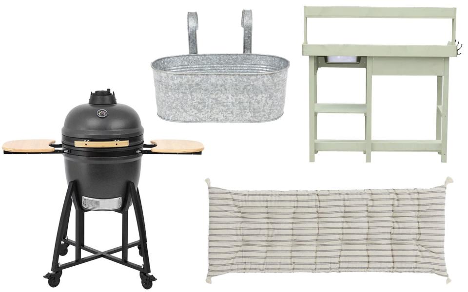 Halmo Kamado Egg BBQ, £399, Asda; Galvanised Hanging Planter 40cm, £25, Dobbies; Potter's Bench, £250, Gardenesque; Rectangular tasselled cushion, £34, H&M