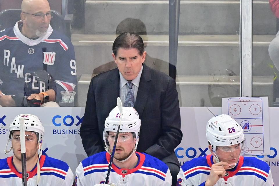 Mar 30, 2024; Tempe, Arizona, USA; New York Rangers head coach Peter Laviolette looks on prior to the game against the Arizona Coyotes at Mullett Arena.