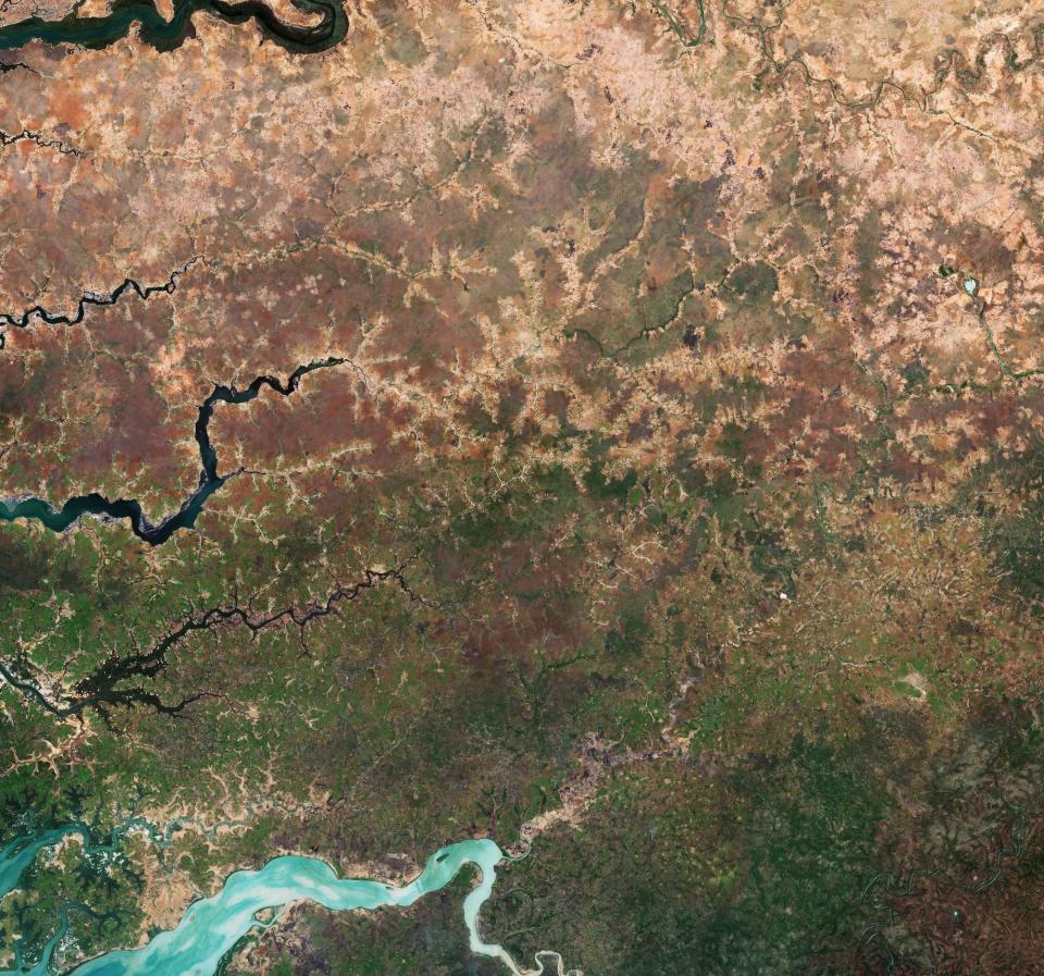 A satellite image of parts of three African countries: Senegal, The Gambia and Guinea-Bissau.