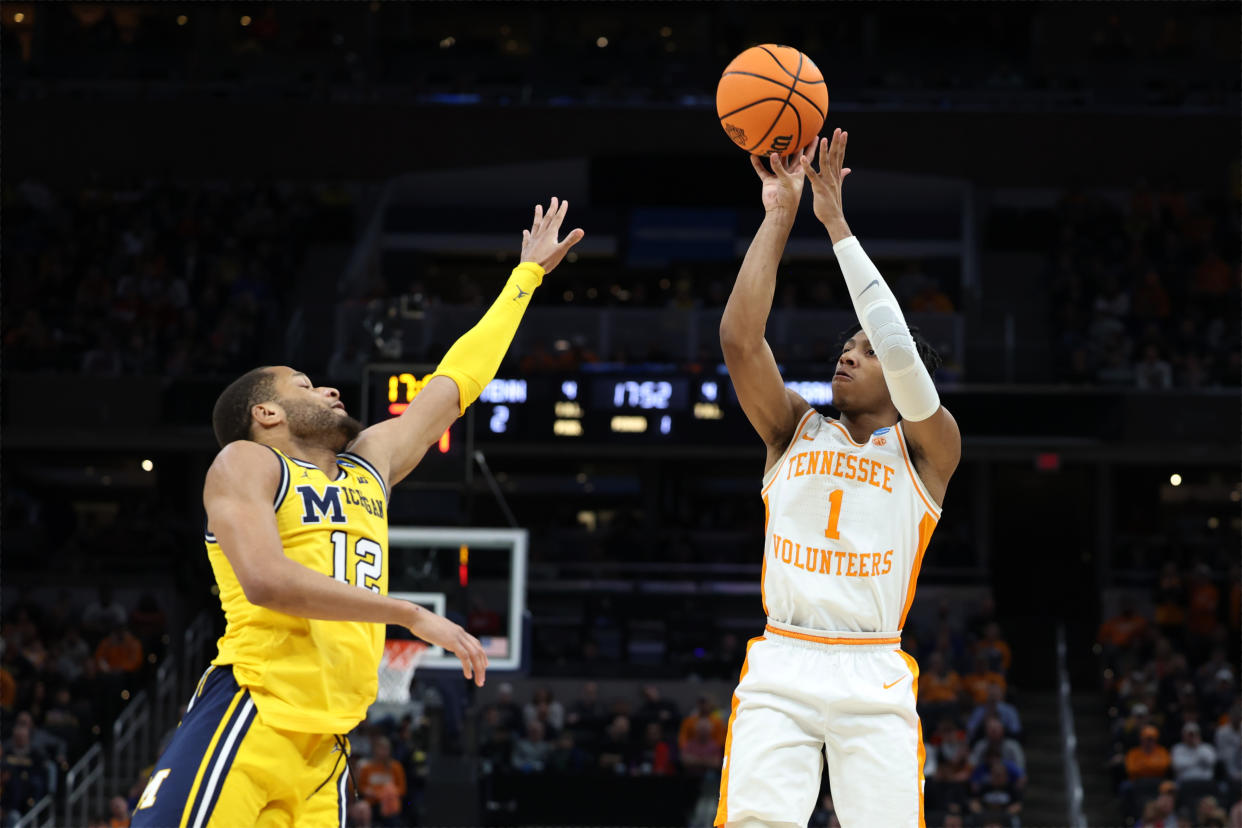 Tennessee guard Kennedy Chandler shoots the ball against Michigan during the second round of the 2022 NCAA men's tournament on March 19, 2022, in Indianapolis. (Trevor Ruszkowski/USA TODAY Sports)