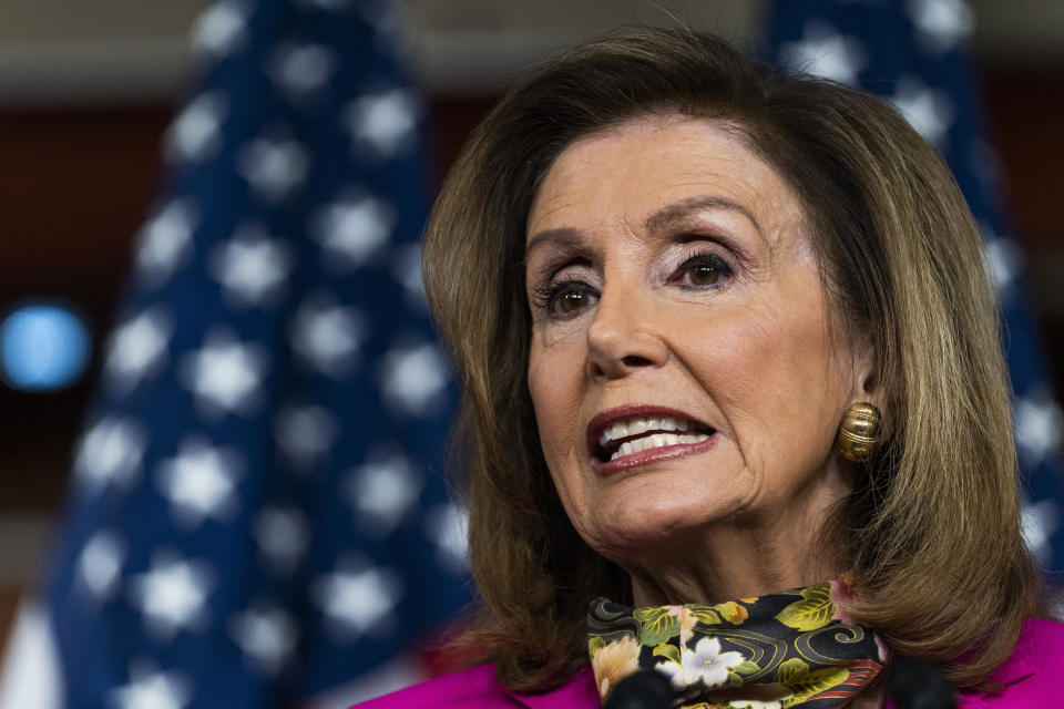 House Speaker Nancy Pelosi of Calif., speaks during a news conference on Capitol Hill, Friday, Sept. 18, 2020, in Washington. (AP Photo/Manuel Balce Ceneta)