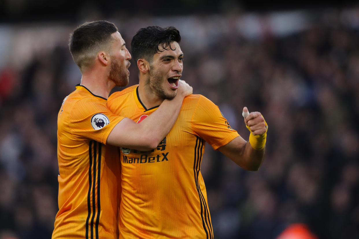 WOLVERHAMPTON, ENGLAND - NOVEMBER 10: Raul Jimenez of Wolverhampton Wanderers celebrates after scoring a goal to make it 2-0 during the Premier League match between Wolverhampton Wanderers and Aston Villa at Molineux on November 10, 2019 in Wolverhampton, United Kingdom. (Photo by Sam Bagnall - AMA/Getty Images)