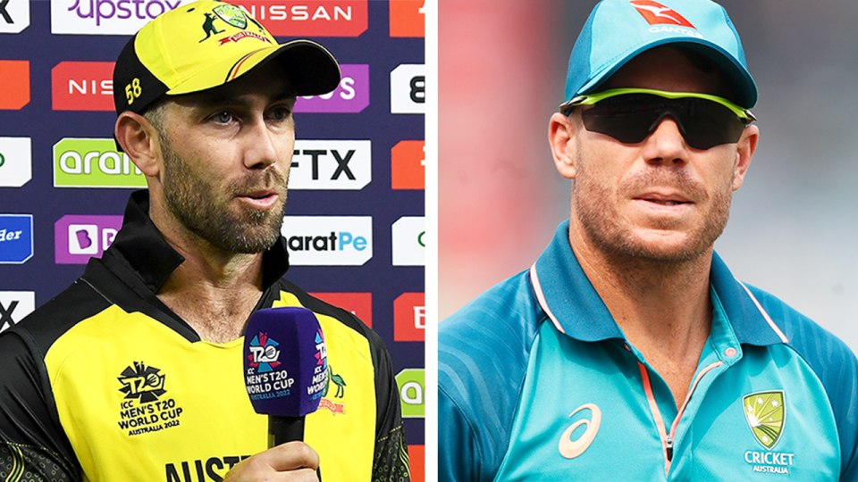 Glenn Maxwell (pictured left) speaking to the media and (pictured right) David Warner during training.