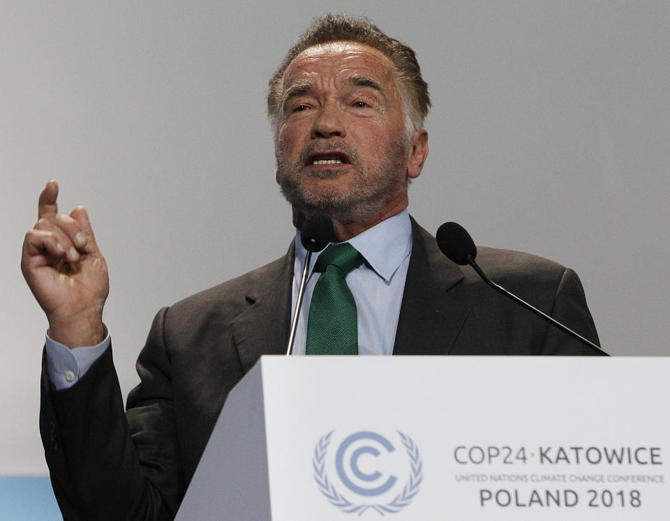 Actor Arnold Schwarzenegger delivers a speech during the opening of COP24 UN Climate Change Conference 2018 in Katowice, Poland, Monday, Dec. 3, 2018.(AP Photo/Czarek Sokolowski)