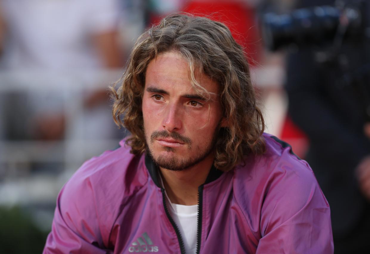 Stefanos Tsitsipas of Greece reacts during the awarding ceremony after the Men's Singles finals match against Novak Djokovic of Serbia at the French Open tennis tournament at Roland Garros in Paris, France, June 13, 2021. (Photo by Gao Jing/Xinhua via Getty Images)