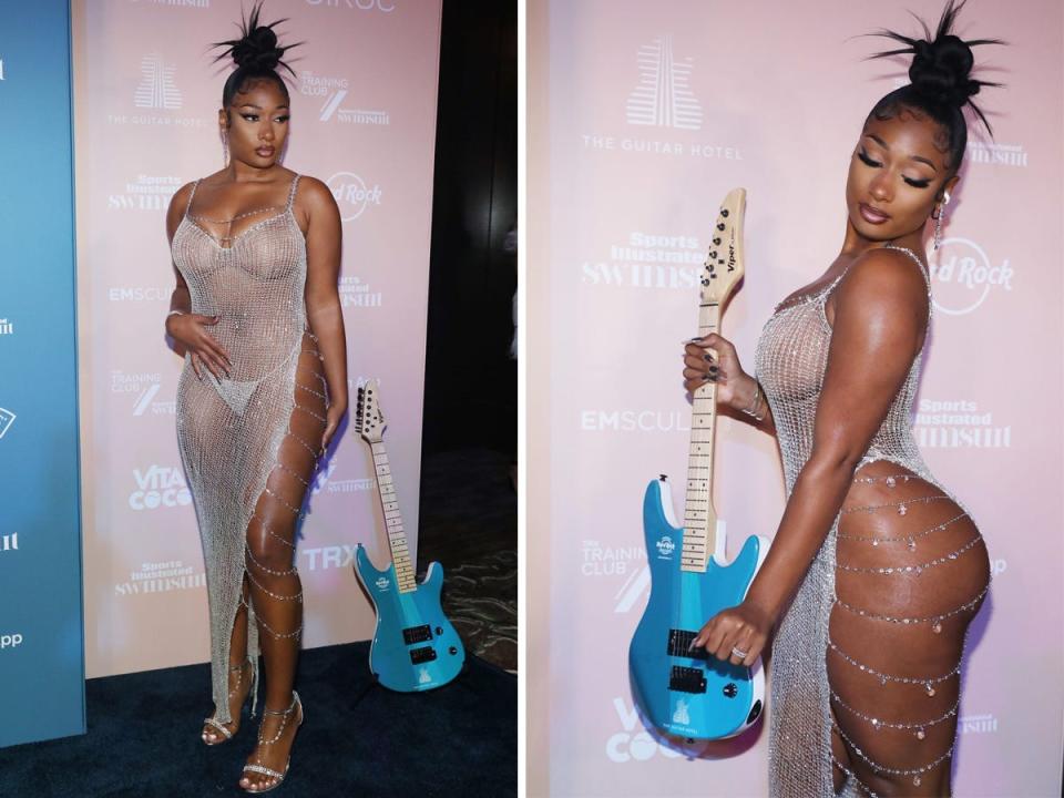 Megan Thee Stallion wears a see-through, sideless dress to the Sports Illustrated Swimsuit 2021 Issue Cover Reveal Party.