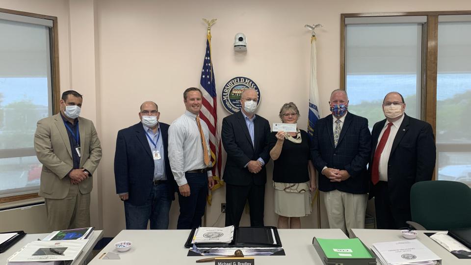 Former Marshfield Treasurer/Collector Patrick Dello Russo, far left, is a candidate to become Taunton's chief financial officer. Mayor Shaunna O'Connell withdrew the appointment Tuesday, Nov. 23, 2021 pending further review. Also pictured to the right of Dello Russo in this June 11, 2020 file photo at Marshfield Town Hall are Marshfield Town Administrator Michael Maresco, State Rep. Patrick Kearney, Marshfield Selectman Michael Bradley, County Commissioners Sandra Wright and Gregory Hanley and County Treasurer Thomas O'Brien.