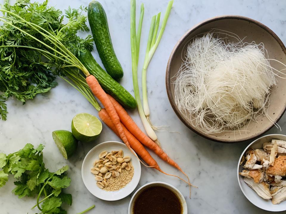 Vermicelli noodles, seen in the upper right of the photo, are so thin that they easily soften in hot water, no cooking required. (Photo: Anna Hampton)