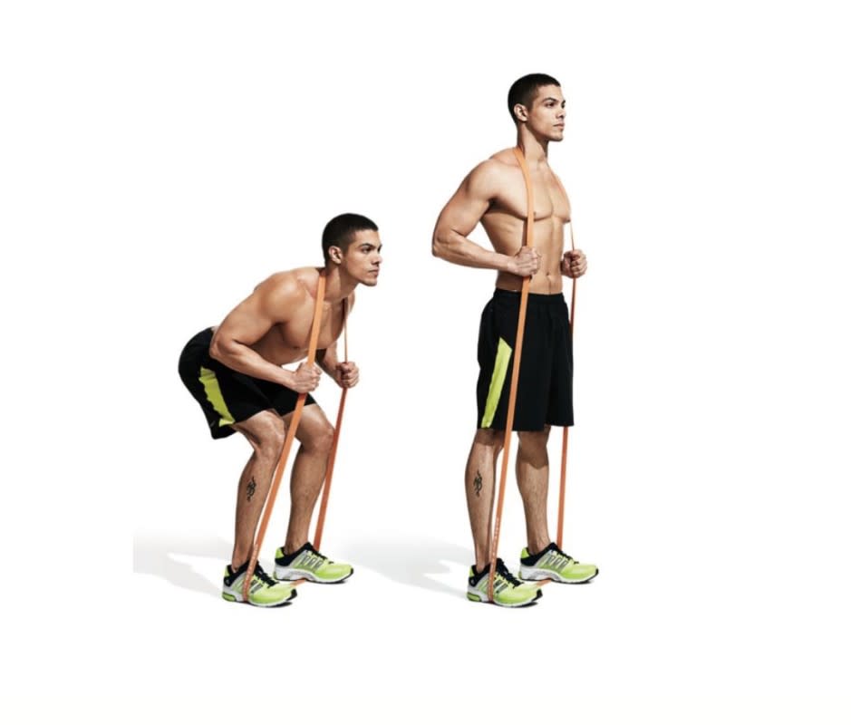 How to do it:<ol><li>From a standing position, hold two dumbbells or loop a band around your shoulders and under your feet.</li><li>Slowly bend forward from the hips until your upper body is parallel to the floor and hamstrings are fully stretched.</li><li>Hold for two seconds and return to starting position.</li></ol>