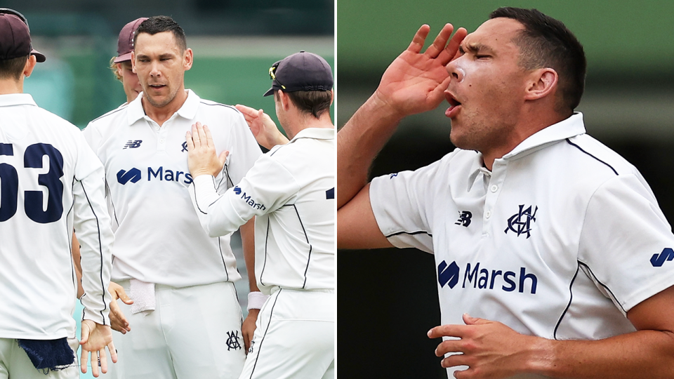 Scott Boland celebrates a wicket and Boland reacts.