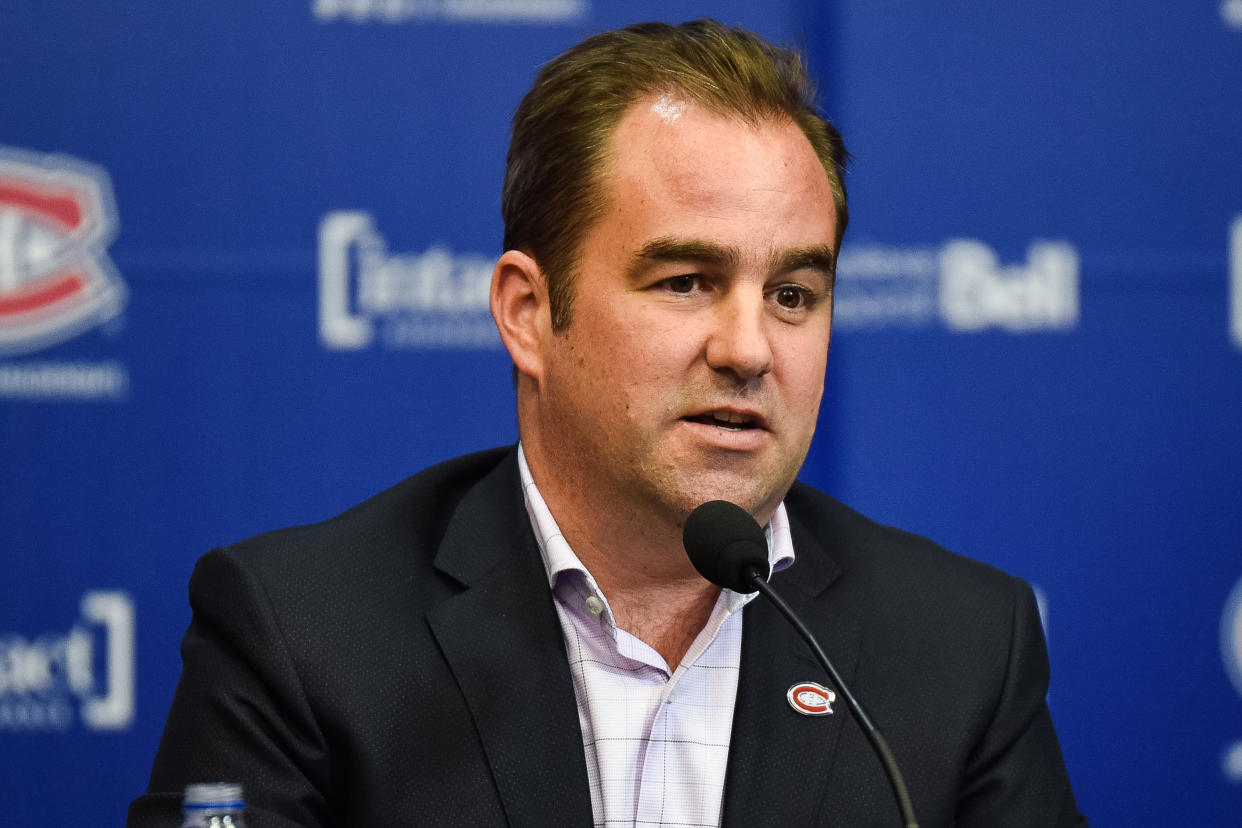 BROSSARD, QC - APRIL 9: Montreal Canadiens owner Geoff Molson answers journalists questions during the Montreal Canadiens end of season press conference on April 9, 2018, at Bell Sports Complex in Brossard, QC (Photo by David Kirouac/Icon Sportswire via Getty Images)