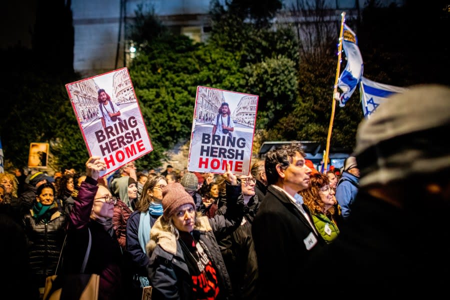 Protesters hold posters of Hersh Goldberg-Polin, who is held hostage by Hamas in Gaza. (Photo by Eyal Warshavsky /SOPA Images /LightRocket via Getty Images)