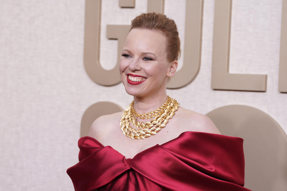 Alma Poysti arrives at the 81st Golden Globe Awards on Sunday, Jan. 7, 2024, at the Beverly Hilton in Beverly Hills, Calif. (Photo by Jordan Strauss/Invision/AP)