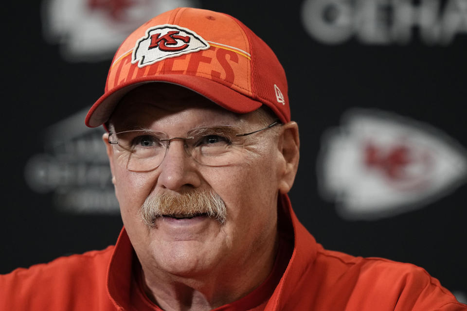 Kansas City Chiefs head coach Andy Reid talks to the media before the team's NFL football practice Thursday, Feb. 1, 2024 in Kansas City, Mo. The Chiefs will play the San Francisco 49ers in Super Bowl 58. (AP Photo/Charlie Riedel)