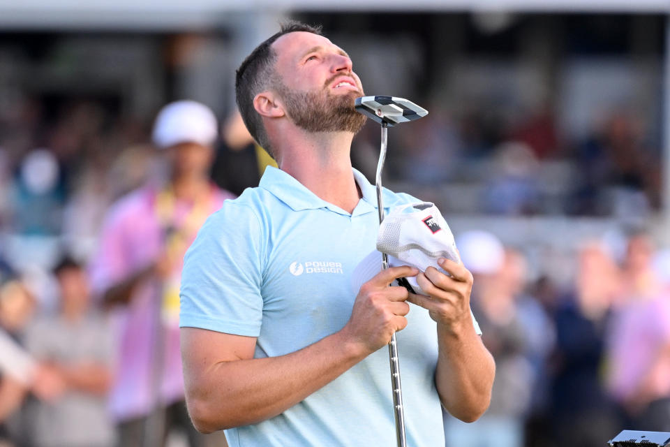 LOS ANGELES, CALIFORNIA - JUNE 18: Wyndham Clark of the United States reacts to his winning putt on the 18th green during the final round of the 123rd US Open Championship at Los Angeles Country Club on June 18, 2023 in Los Angeles, California.  (Photo by Ross Kinnaird/Getty Images)