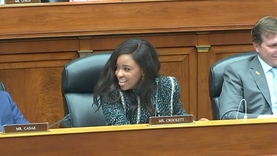 PHOTO: Rep. Jasmine Crockett, D-Texas, Rep. listens at a hearing for the House Committee on Oversight and Accountability, May 16, 2024, in Washington. (POOL/ABC News)