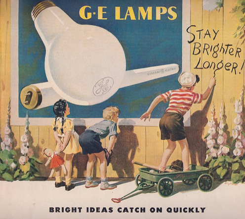 <span class="caption">GE ad from the 1940s, showing an incandescent bulb and a fluorescent tube, both inventions of the company.</span> <span class="attribution"><a class="link " href="https://www.flickr.com/photos/retroarama/5876981780/in/photolist-9Xk4W5-2h2Y2Me-2h2Y1zK-pDAhwJ-pVVBox-pVKQsp-pTQ3Cf-6PEm3p-7xjXqJ-2iQjxKF-eu1Jij-6GEYC-2ikCA35-5sw2zS-aiaYM9-2hVvq9S-2ikBpTd-zVkimt-Z5h68Q-4muY7L-DFsTEq-8f1PzF-r2WZuB-qZNSwm-r2WZAP-4gmZXN-kK886V-27ZrXBG-r32f7L-kK8Vm8-kK8UFk-kK8UfF-qKxwzA-qKxwnw-kKaq3A-qKFbXk-qZNSRE-q66rYq-5sw47y-qKxvWS-r2X1WV-q6j4zF-q6j4d8-q6j3SP-qKFbRi-qZNRRo-6kLGy6-G6RSM-3ekb5-28YyHXP" rel="nofollow noopener" target="_blank" data-ylk="slk:GE;elm:context_link;itc:0;sec:content-canvas">GE</a></span>