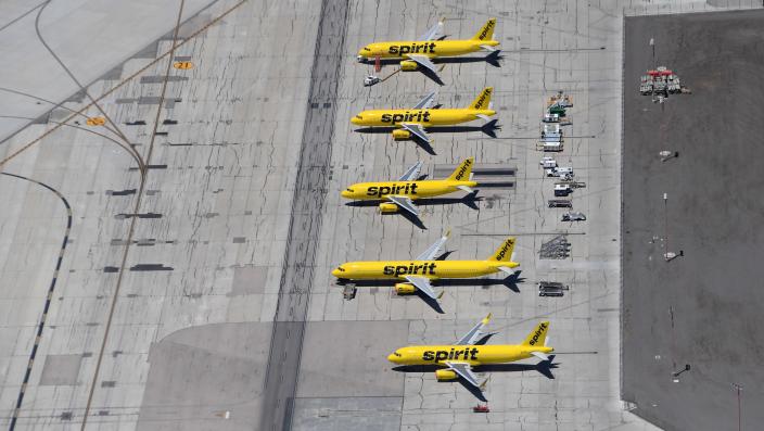 An aerial view shows Spirit Airlines jets parked at McCarran International Airport