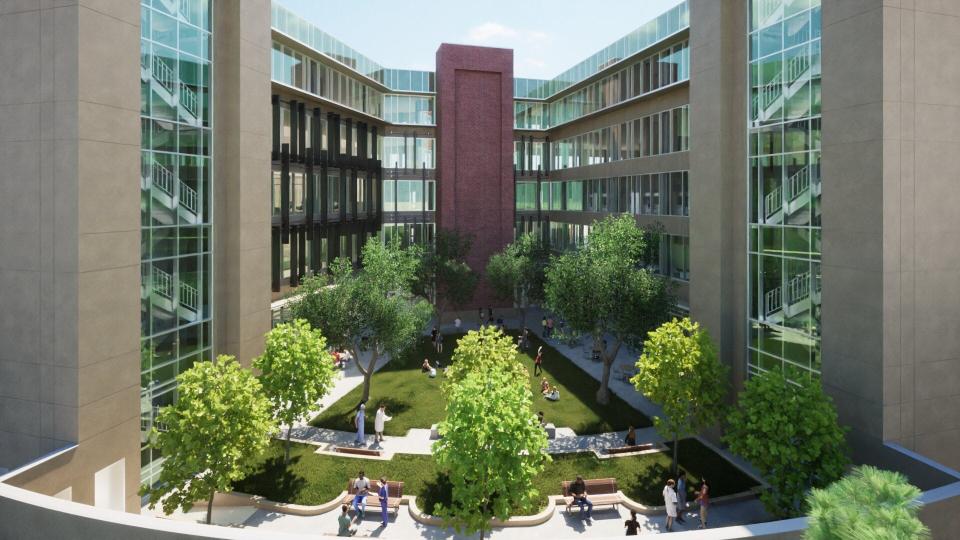A rendering shows what a courtyard area for a medical school in Fayetteville will look like. The medical school will be a partnership between Methodist University and Cape Fear Valley Health.