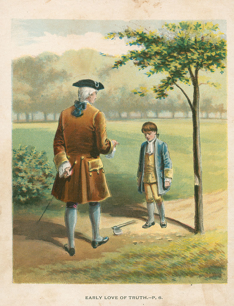 painting of george's father reprimanding him by a tree and hatchet