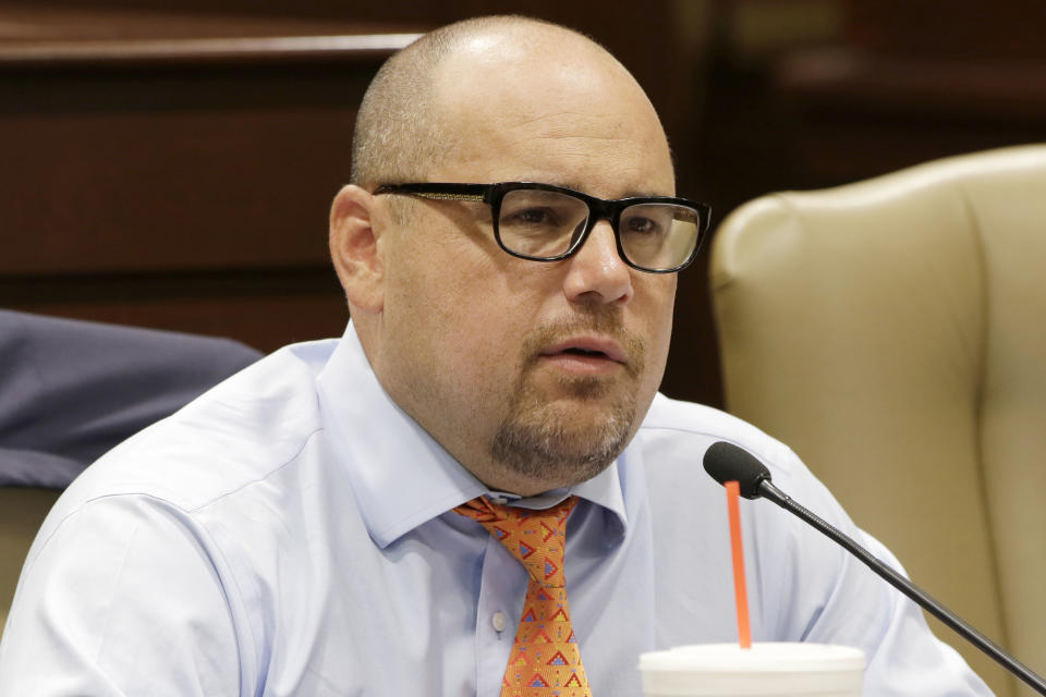 FILE - In this Aug. 2015 file photo, state Sen. Jeremy Hutchinson, R-Benton, speaks at a legislative subcommittee meeting at the state Capitol in Little Rock, Ark. Hutchinson, now a former lawmaker and nephew to the governor, has been indicted and accused of accepting bribes from a Missouri nonprofit in a widening federal corruption probe that's already ensnared several state legislators over the past two years. Hutchinson and two former executives of Springfield-based Preferred Family Healthcare, Inc. face multiple counts in an indictment unsealed Thursday, April 11, 2019. (AP Photo/Danny Johnston, File)