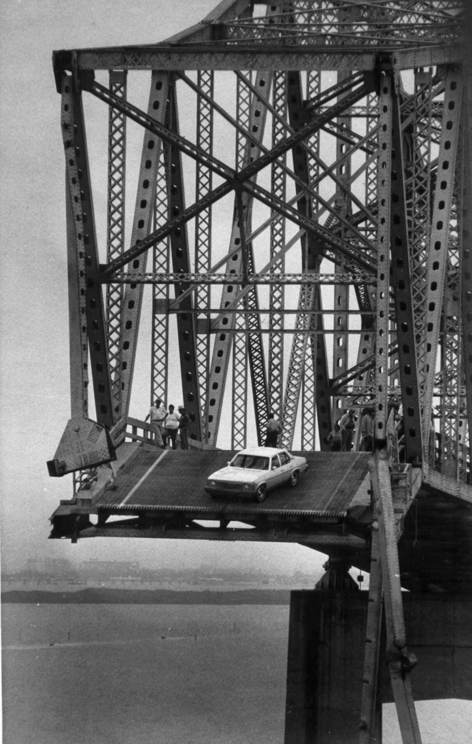The car driven by Richard Hornbuckle was inches from disaster in 1980 but managed to stop on the wrecked Old Sunshine Skyway Bridge. The freighter Summit Venture slammed into the bridge and a 1,200-foot chunk of concrete roadway crashed into the waters of Tampa Bay, taking a truck, seven cars and a bus with it. Thirty-five people died.