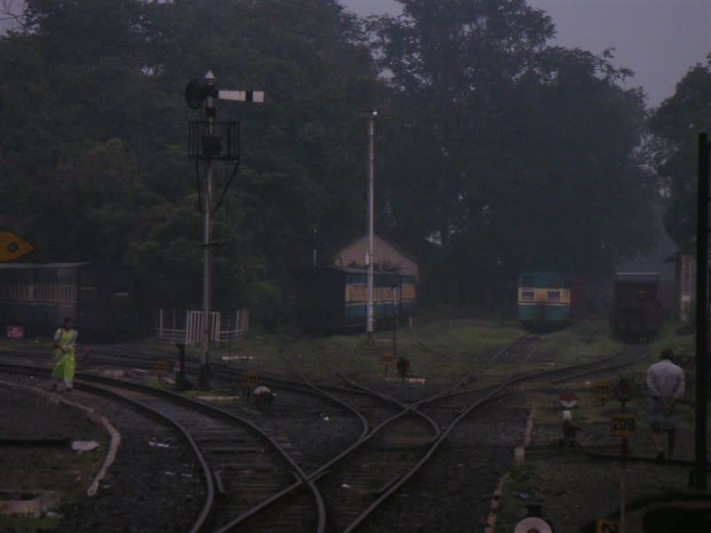 A view of the sidings at Mettupalayam for the Nilgiri Mountain Railway. The ones for broad gauge are on the right. The NMR track is 1000 mm (3 ft and 3 3/8 inches) wide.