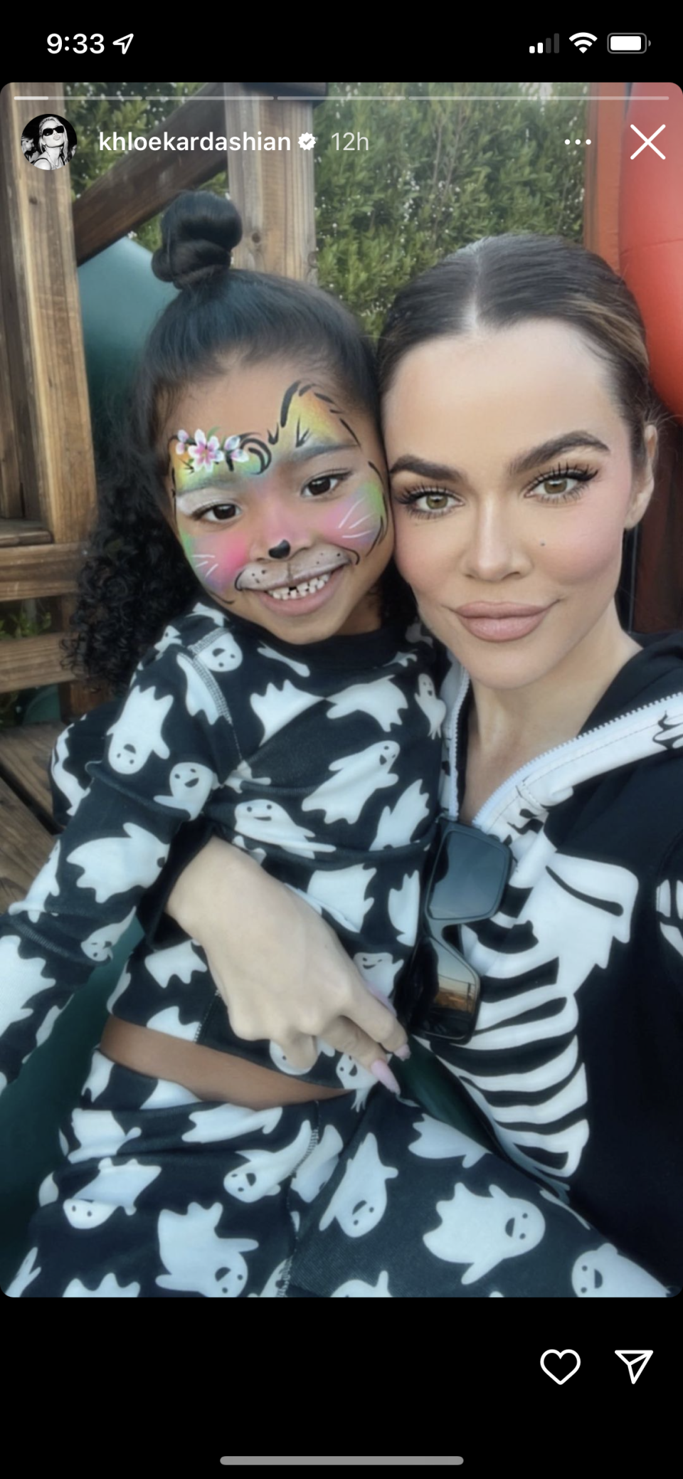 Khloe Kardashian and her daughter True Thompson in their Halloween-themed onesies. (Instagram)