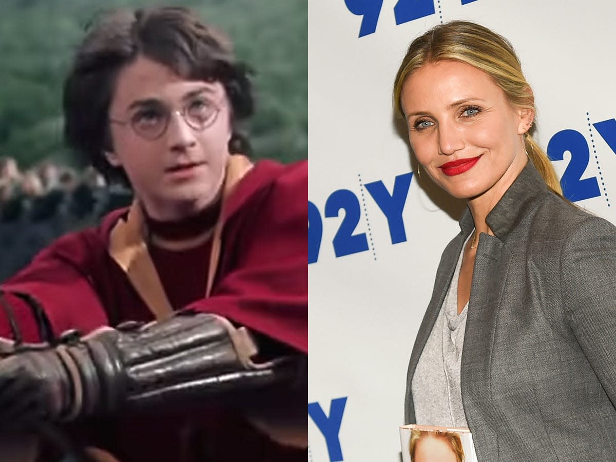 On the left: Daniel Radcliffe as Harry in "Harry Potter and the Chamber of Secrets." On the right: Cameron Diaz in 2016.