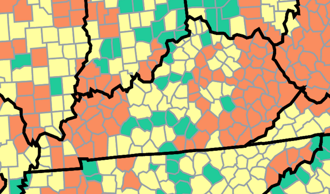 This U.S. Centers for Disease Control and Prevention map shows Kentucky counties by COVID-19 community level. The orange are considered high, the yellow are medium and the green are low.