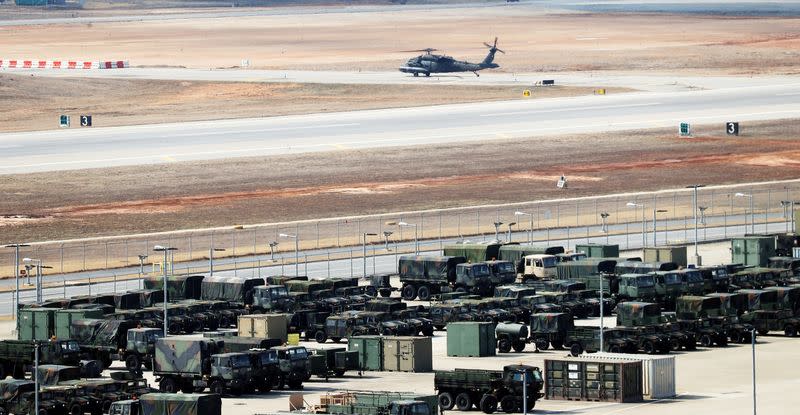 A helicopter prepares to take off at a U.S. army base in Pyeongtaek