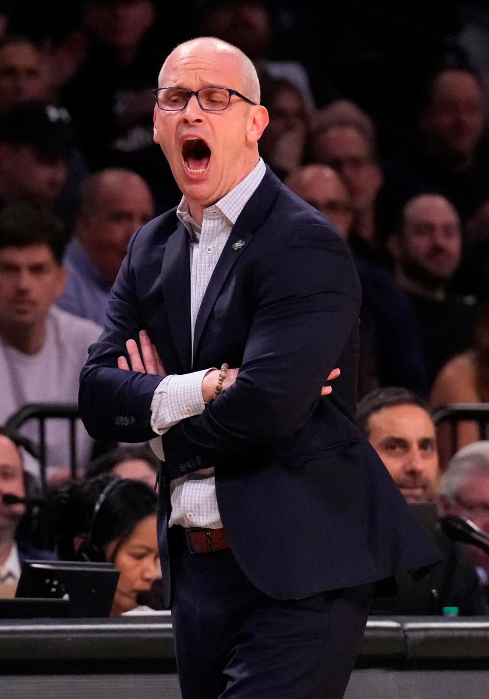 Connecticut Huskies head coach Dan Hurley reacts against the Stetson Hatters in the first round of the 2024 NCAA Tournament at the Barclays Center. Mandatory Credit: Robert Deutsch-USA TODAY Sports