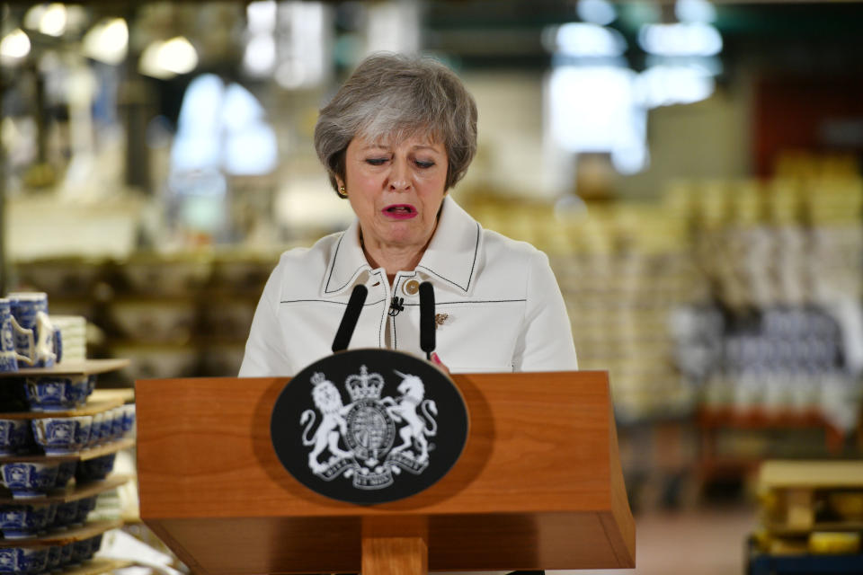 British Prime Minister Theresa May delivers a speech during a visit to the Portmeirion factory in Stoke-on-Trent, Britain January 14, 2019. Photo: Ben Birchall/Pool via REUTERS