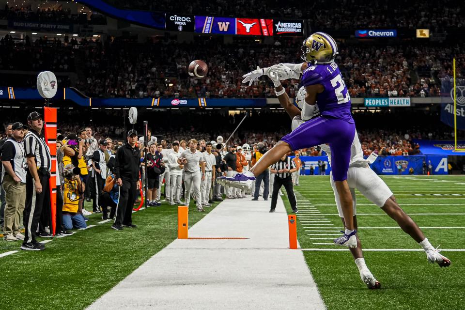 Washington cornerback Elijah Jackson swats away Quinn Ewers' final pass of the night into the end zone for Adonai Mitchell in the Huskies' 37-31 win in the Sugar Bowl. The Longhorns trailed by nine points with 1:40 left in the game and nearly pulled off the upset.