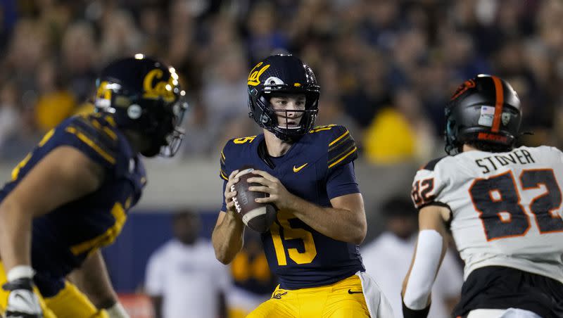 California quarterback Fernando Mendoza, center, looks for a receiver during the first half of the team’s NCAA college football game against Oregon State on Saturday, Oct. 7, 2023, in Berkeley, Calif. 