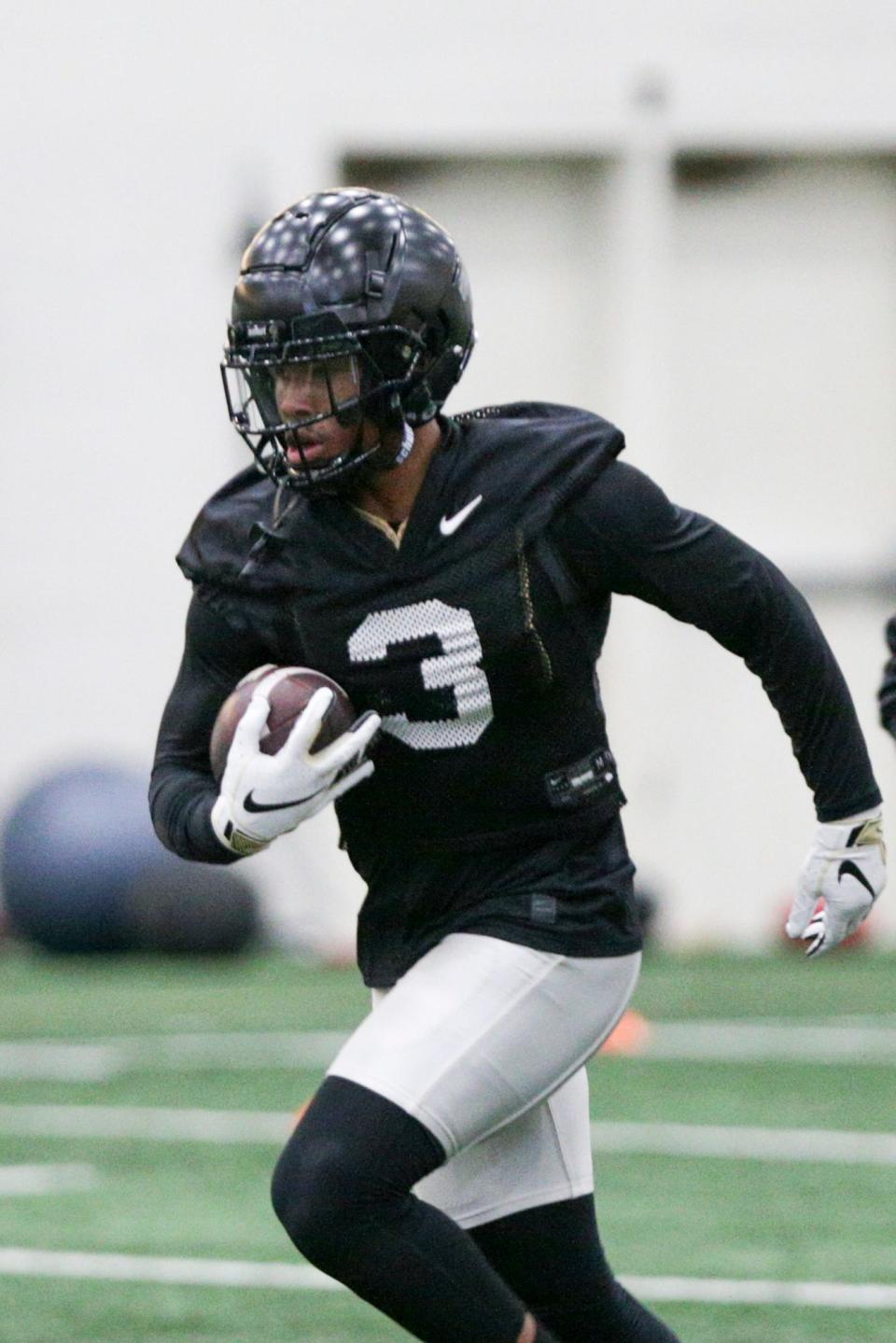 Purdue wide receiver Tyrone Tracy (3) during a practice, Monday, Feb. 28, 2022 at Mollenkopf Athletic Center in West Lafayette.