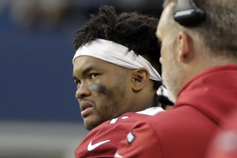 Arizona Cardinals quarterback Kyler Murray watches from the sideline after leaving an NFL football game against the Seattle Seahawks in the second half with an injury, Sunday, Dec. 22, 2019, in Seattle. (AP Photo/Lindsey Wasson)