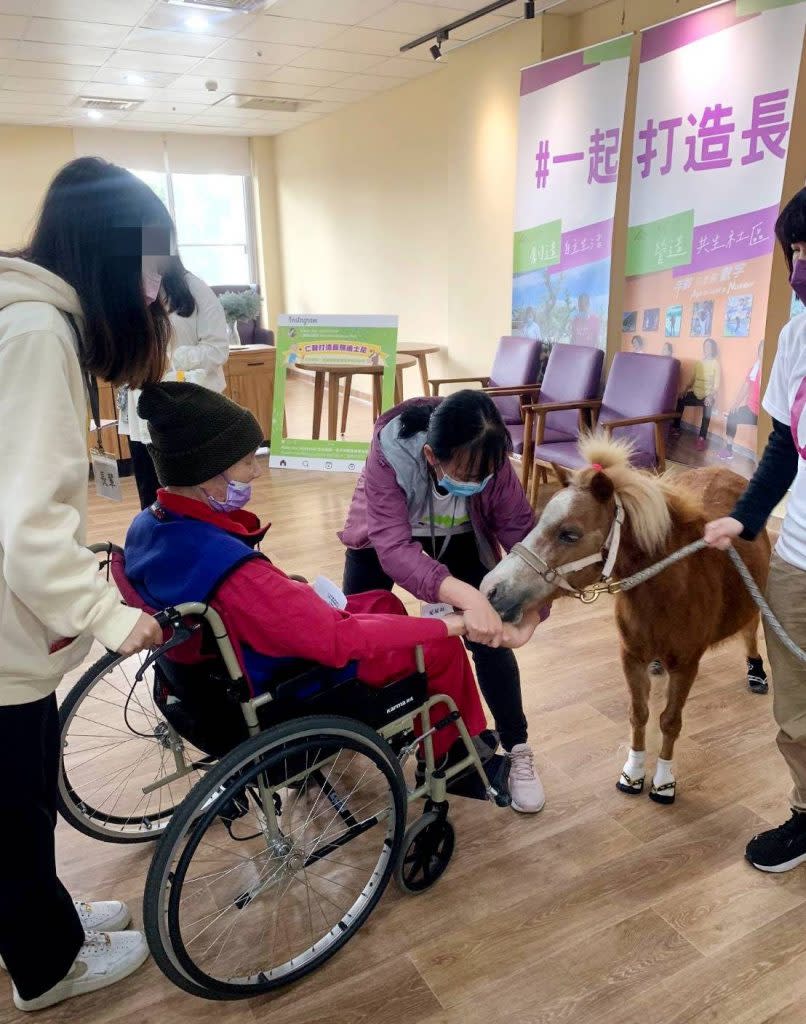 大甲仁馨樂活園慶園區成立五週年，舉辦「五週年聖誕感恩嘉年華會」，精心打扮吉祥物迷你馬穿梭長輩及來賓之中，為聖誕活動帶來高潮。（記者陳榮昌攝）