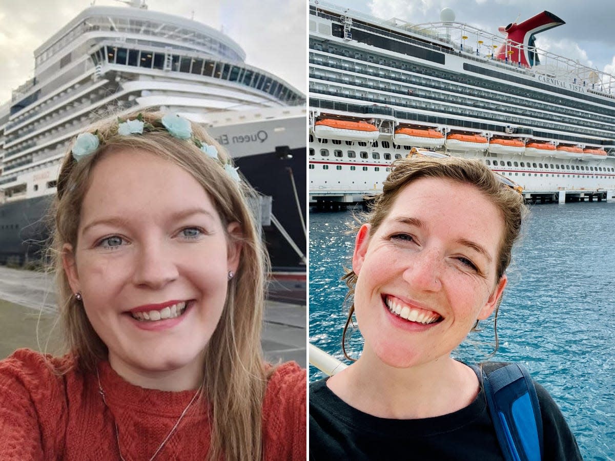 Mikhaila Frie in front of Cunard's Queen Elizabeth ship. Monica Humphries in front of the Carnival Vista.