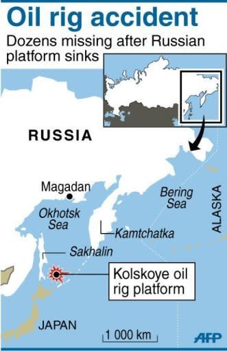 Map locating oil rig which overturned in Russia's Okhotsk Sea. The bodies of 16 crew from a sunken oil rig were found Monday off Russia's far eastern Sakhalin island as searches for survivors went into a second day as fears mounted that another 37 missing would be dead