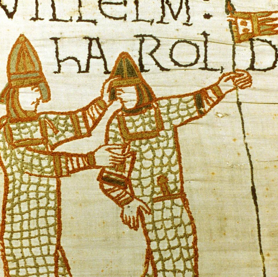 The panel in the Bayeux Tapestry depicting the knighting of Harold Godwinson by William of Normandy - Getty 